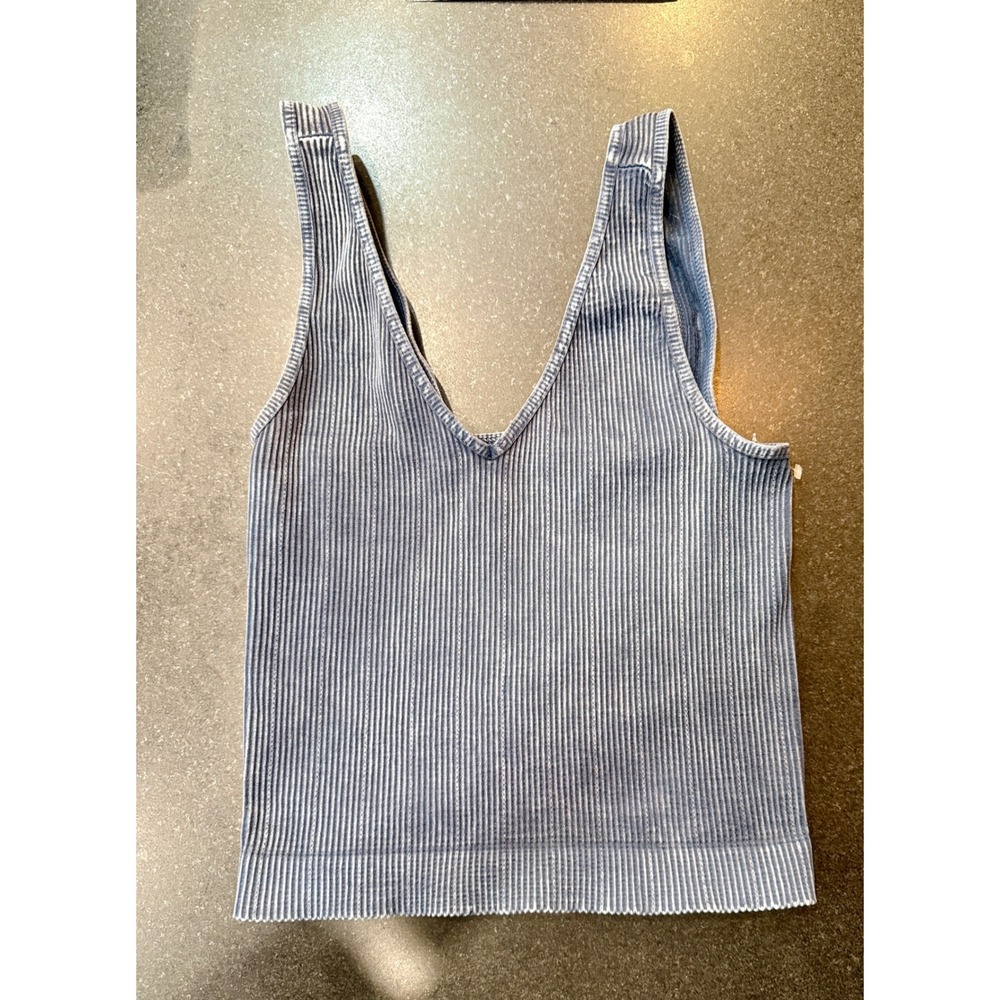 Quiet Storm Tank Top XS/S Blue Ribbed V-Neck Crop Athlleisure Boho Casual